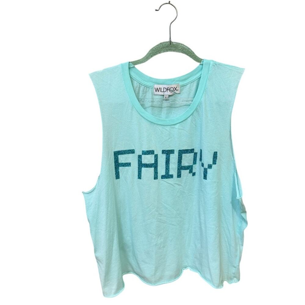 Wildfox Tank Top Womens Size L Crop Mint Blue Green Fairy Glitter Graphic Retro